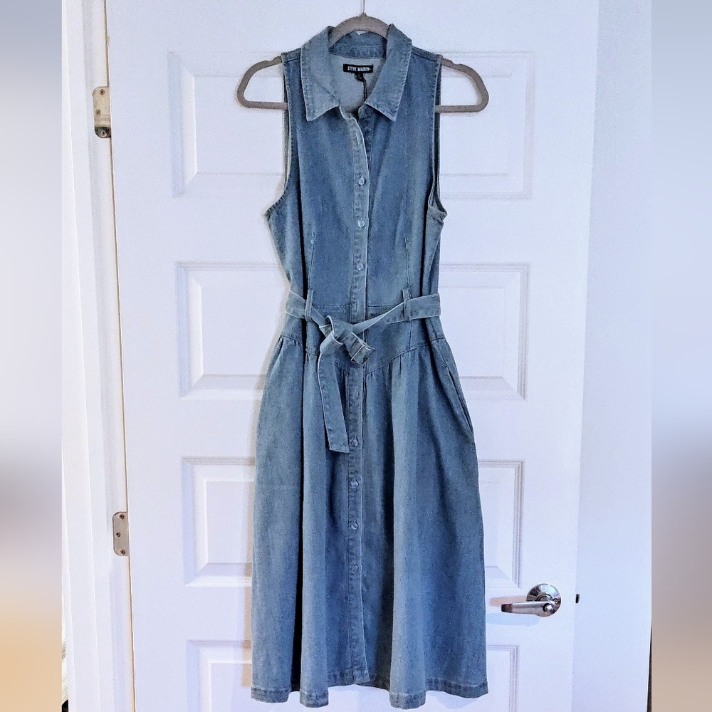 Steve Madden Sleeveless Denim Midi Dress W Pockets | 8 | Medium Wash | NWT